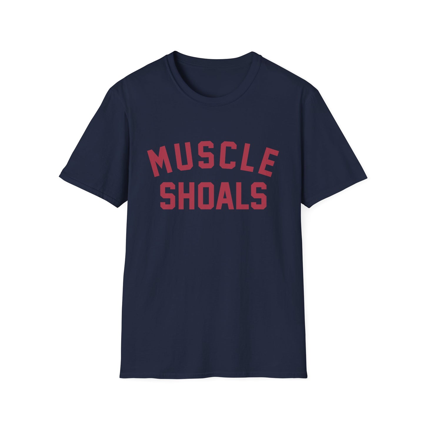 Navy t-shirt with red text that reads "MUSCLE SHOALS"