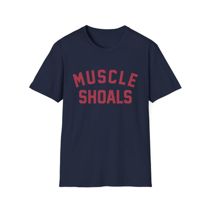 Navy t-shirt with red text that reads "MUSCLE SHOALS"