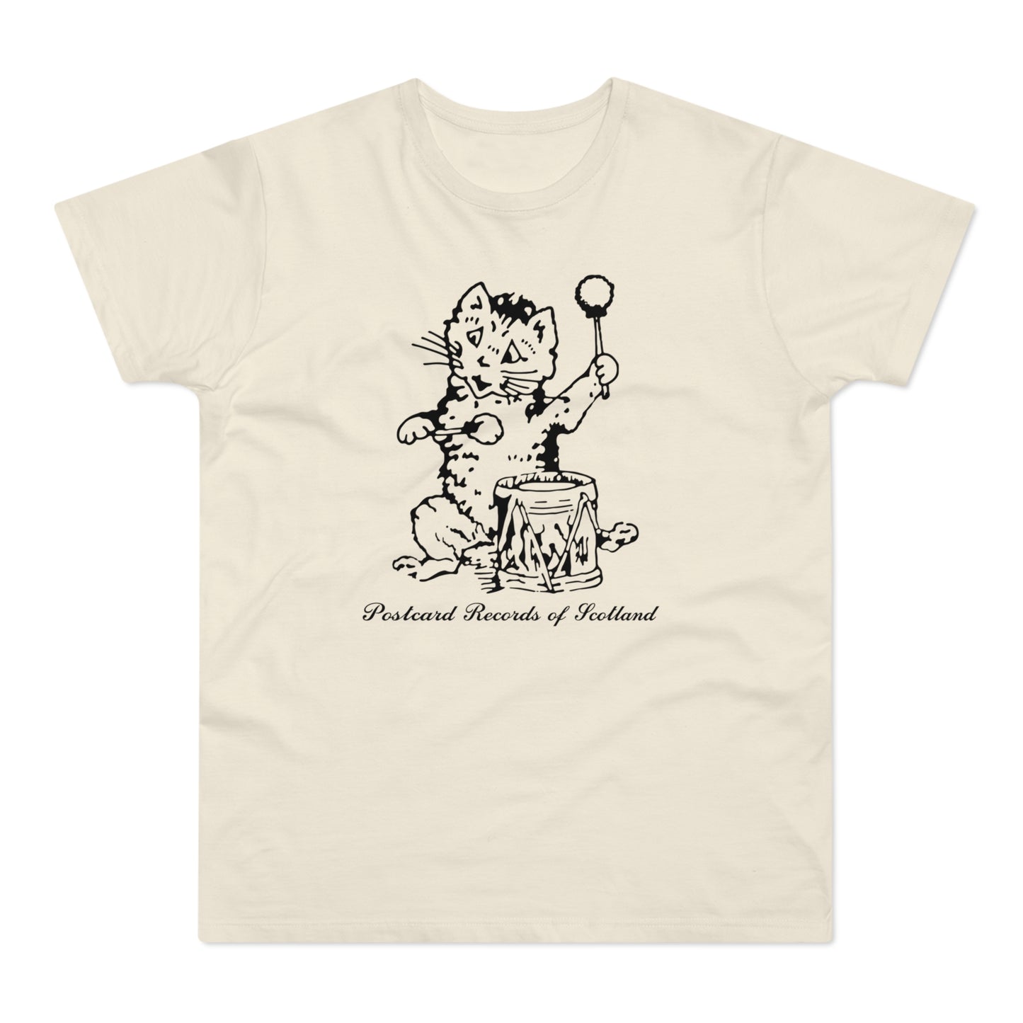 Sketch of a cat playing a drum with text "Postcard Records of Scotland".
