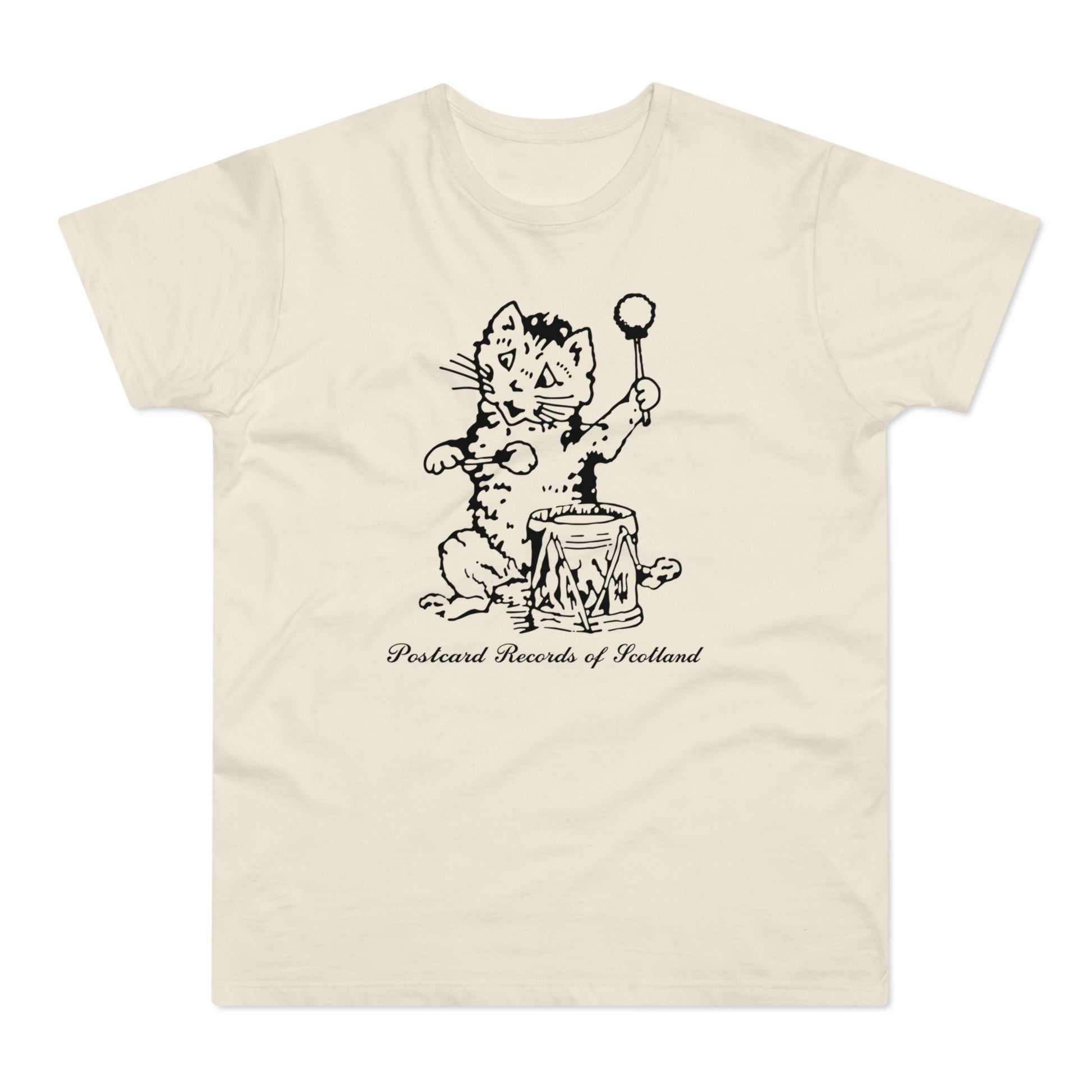 Sketch of a cat playing a drum with text "Postcard Records of Scotland".