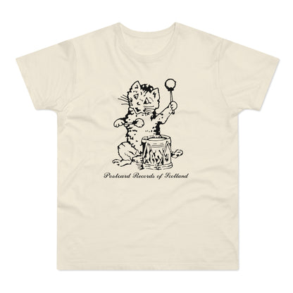 Sketch of a cat playing a drum with text "Postcard Records of Scotland".