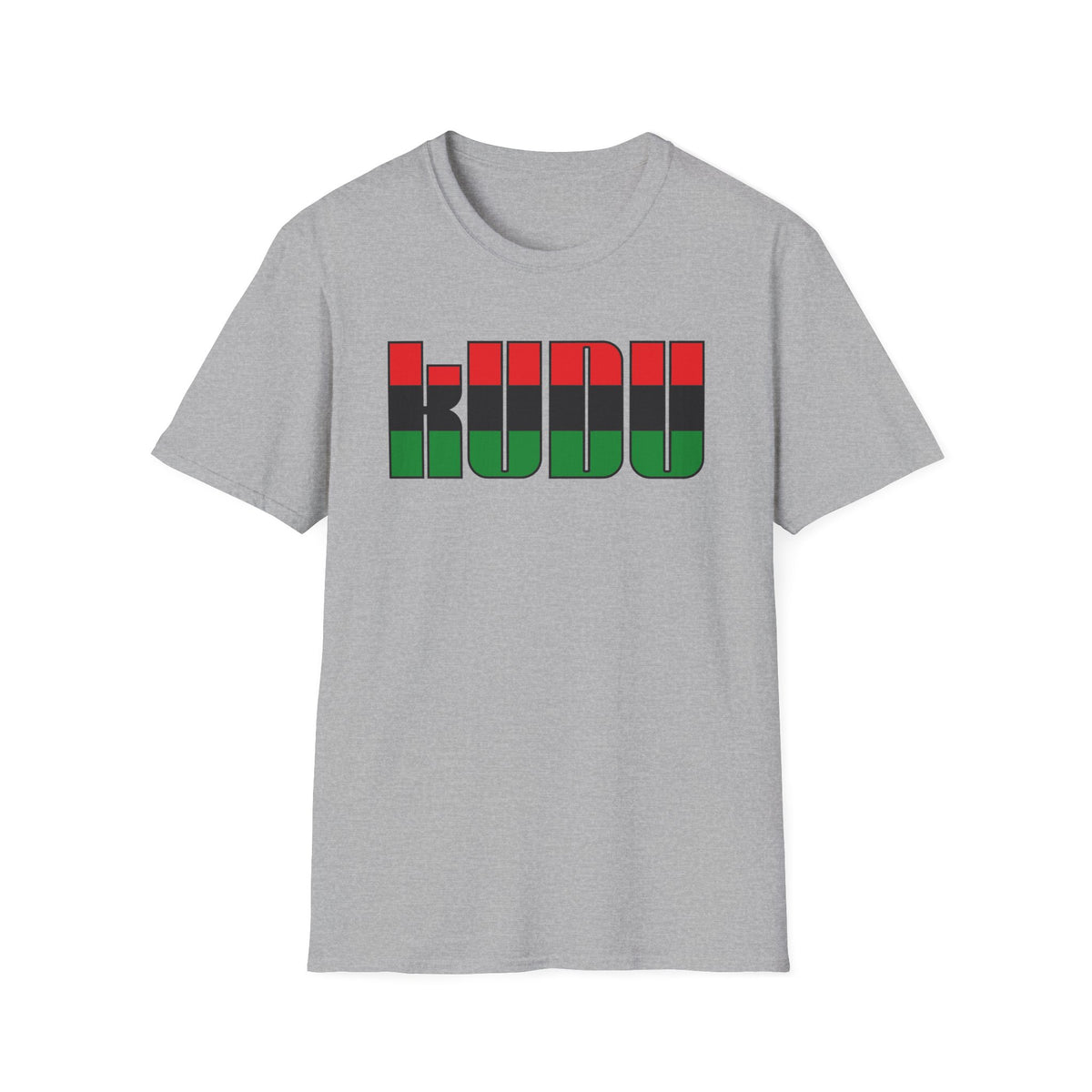 Grey t-shirt with "KUDU" text in red, black, and green stripes.