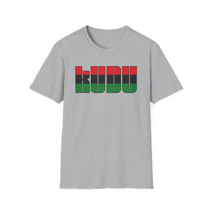 Grey t-shirt with "KUDU" text in red, black, and green stripes.