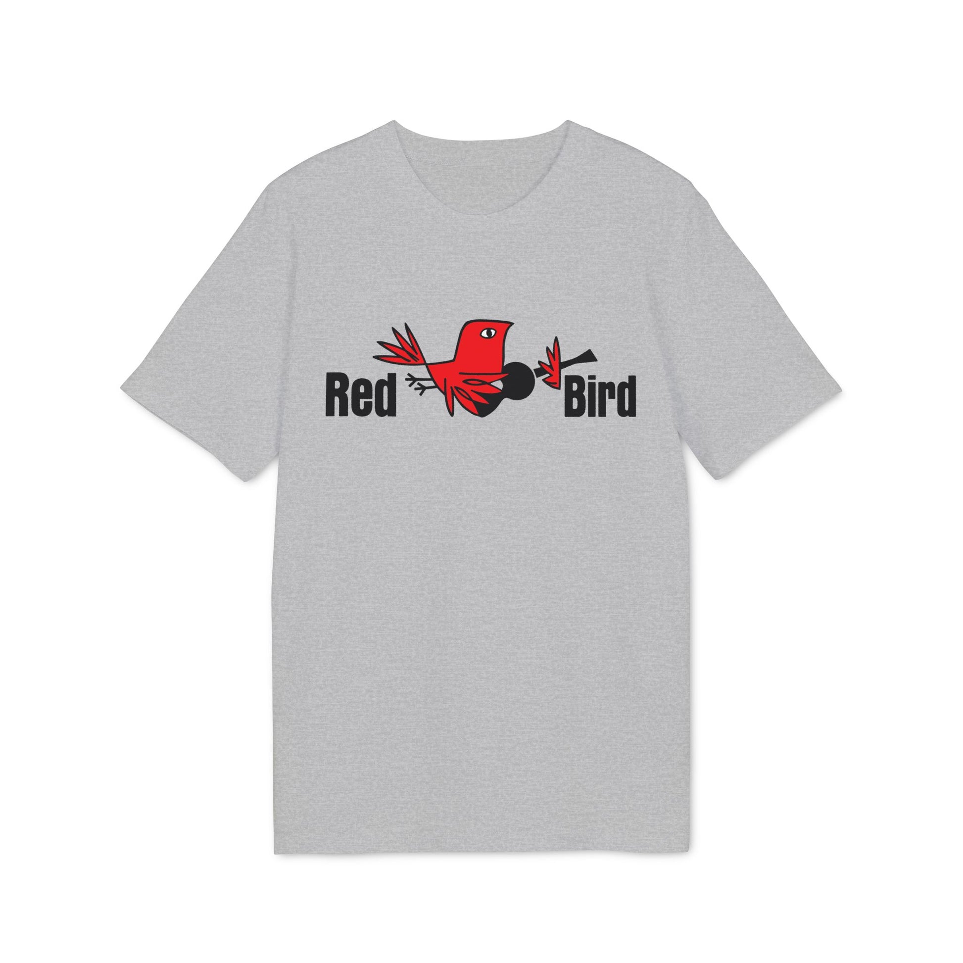 Grey t-shirt with "Red Bird" text and a red cartoon bird graphic.