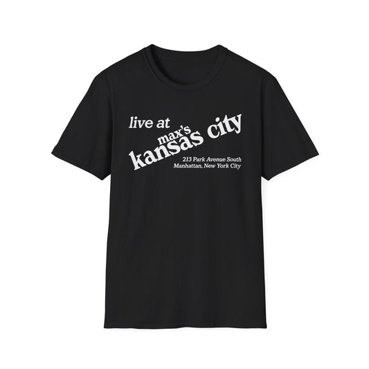 Black t-shirt with white text "live at max's kansas city, 213 Park Avenue South Manhattan, New York City".