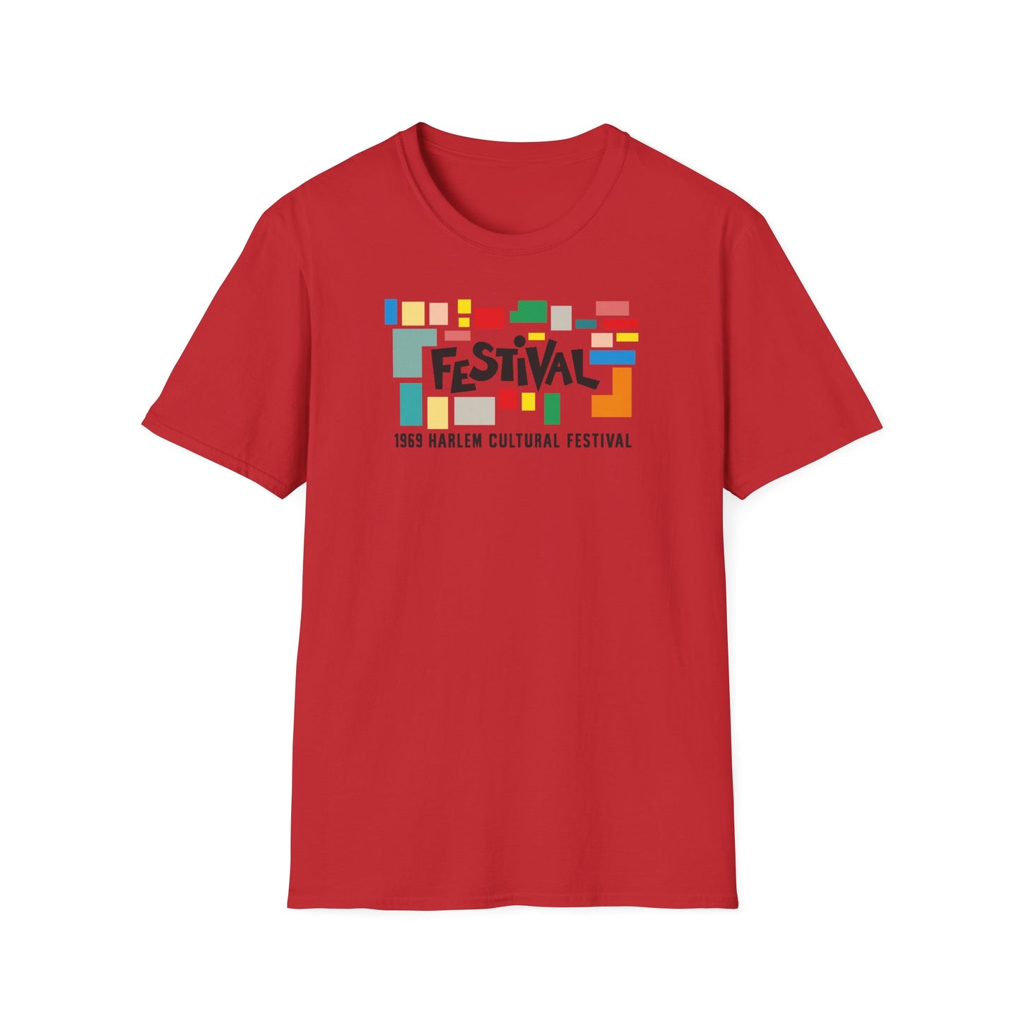 Red T-shirt with "FESTIVAL 1969 Harlem Cultural Festival" graphic in colorful blocks.