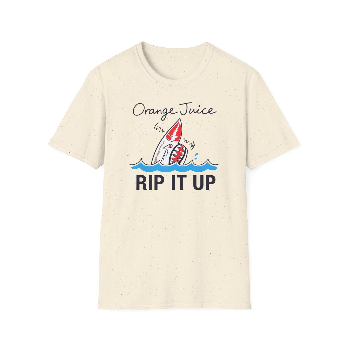 Cream t-shirt with "Orange Juice RIP IT UP" and a cartoon shark.