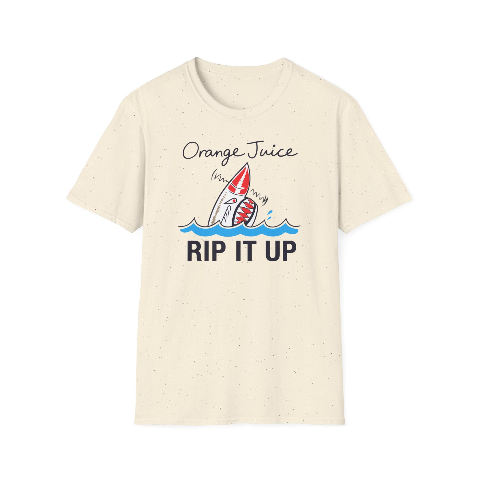 Cream t-shirt with "Orange Juice RIP IT UP" and a cartoon shark.