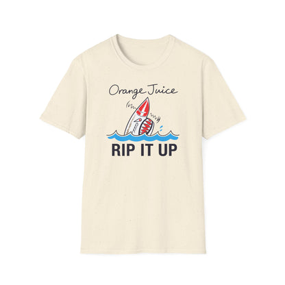 Cream t-shirt with "Orange Juice RIP IT UP" and a cartoon shark.