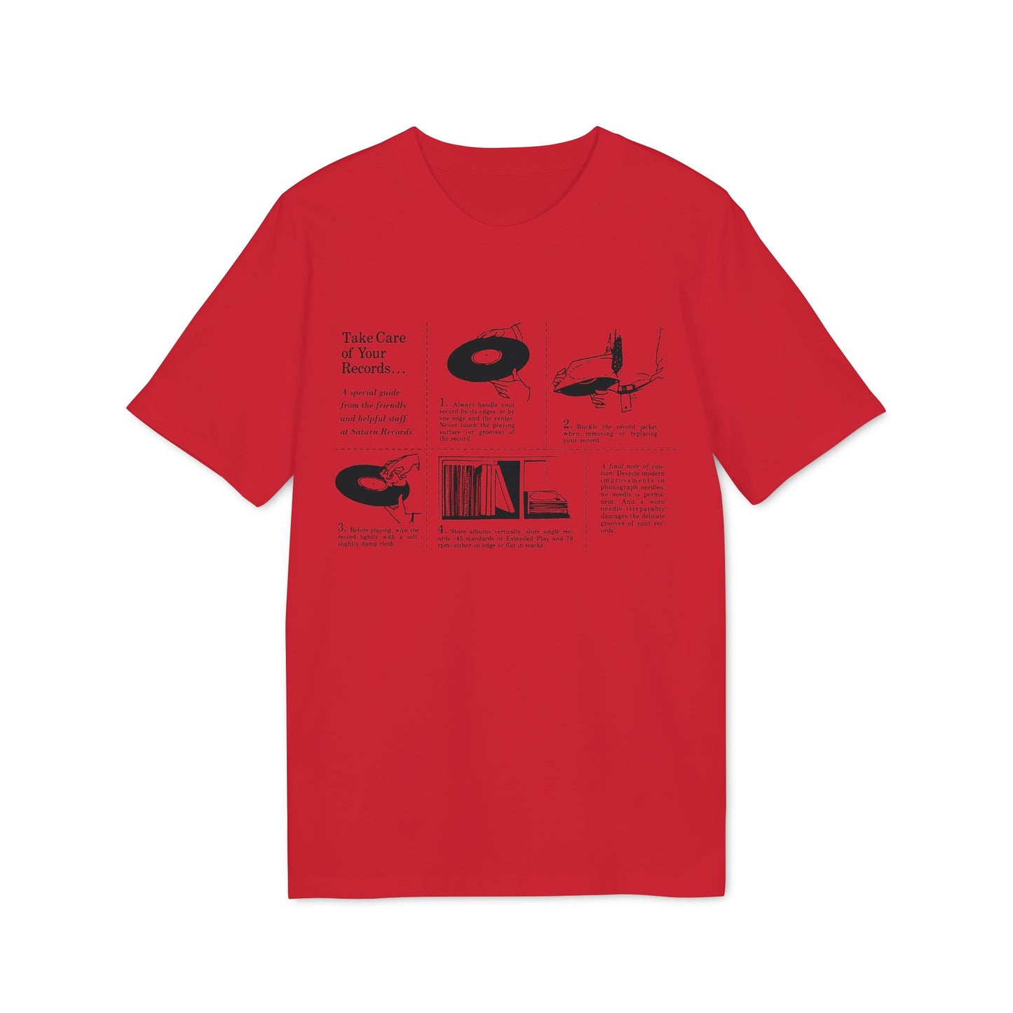 Red t-shirt graphic with instructions for vinyl record care.