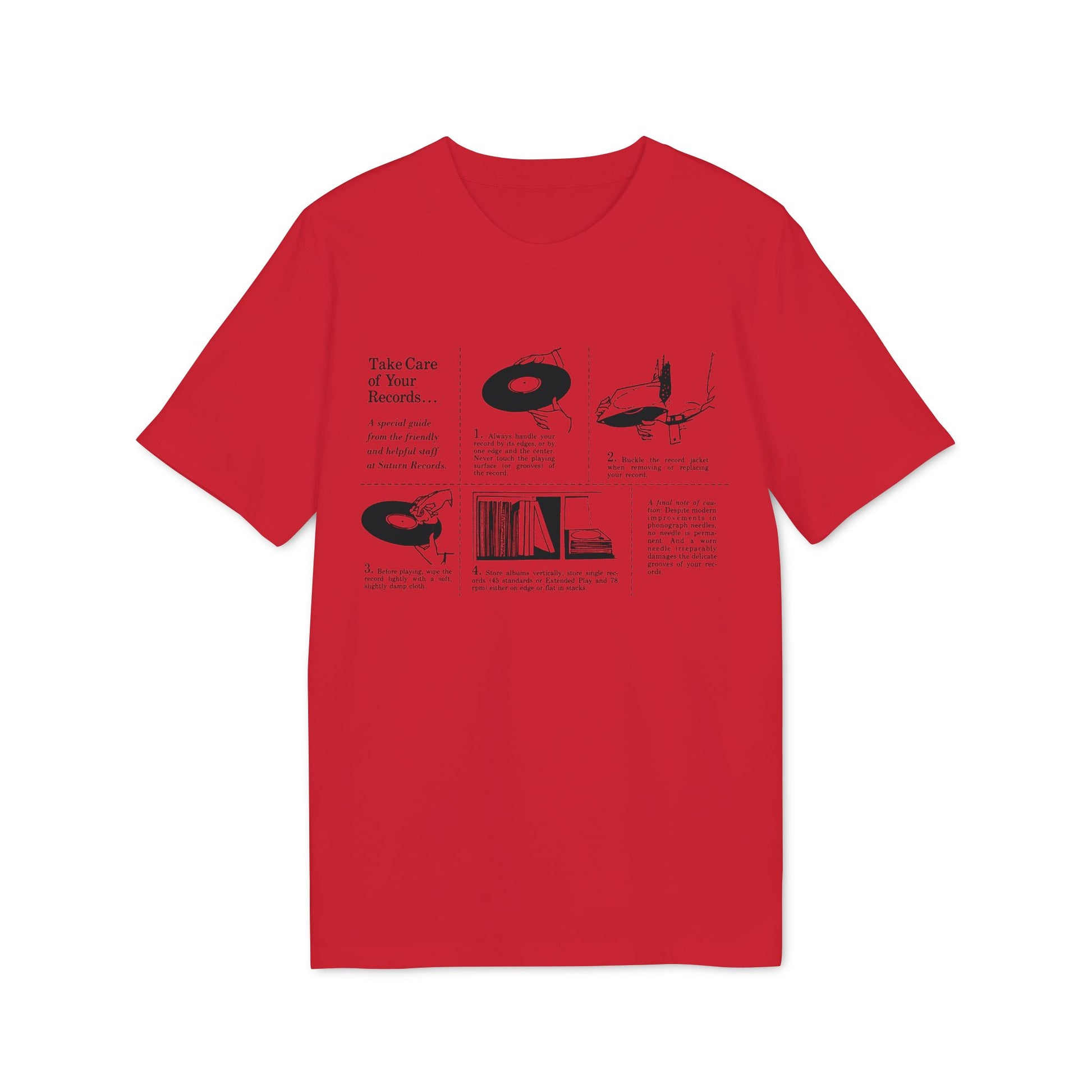 Red t-shirt graphic with instructions for vinyl record care.