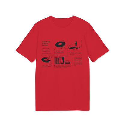 Red t-shirt graphic with instructions for vinyl record care.