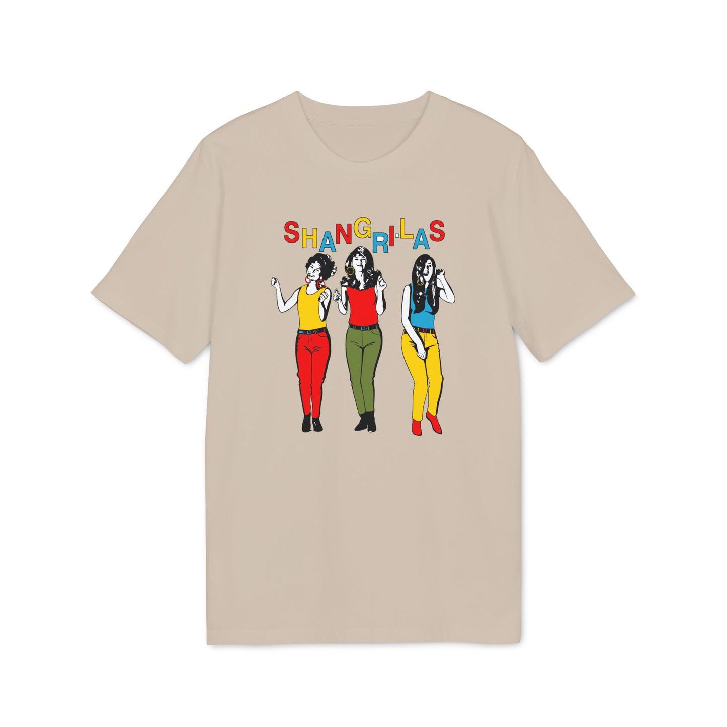 T-shirt with "Shangri-Las" text and outline illustration of three women.