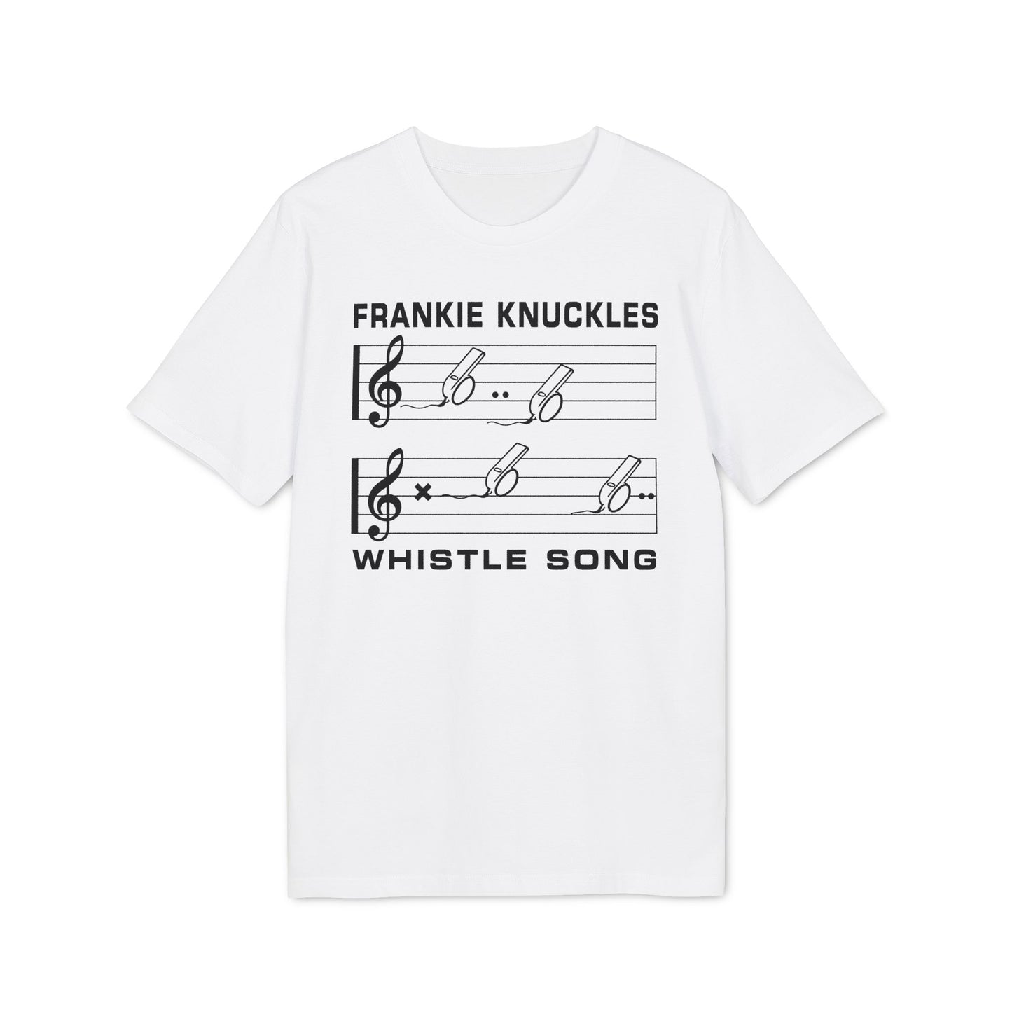 White t-shirt with black text "FRANKIE KNUCKLES" and musical notes with whistles.