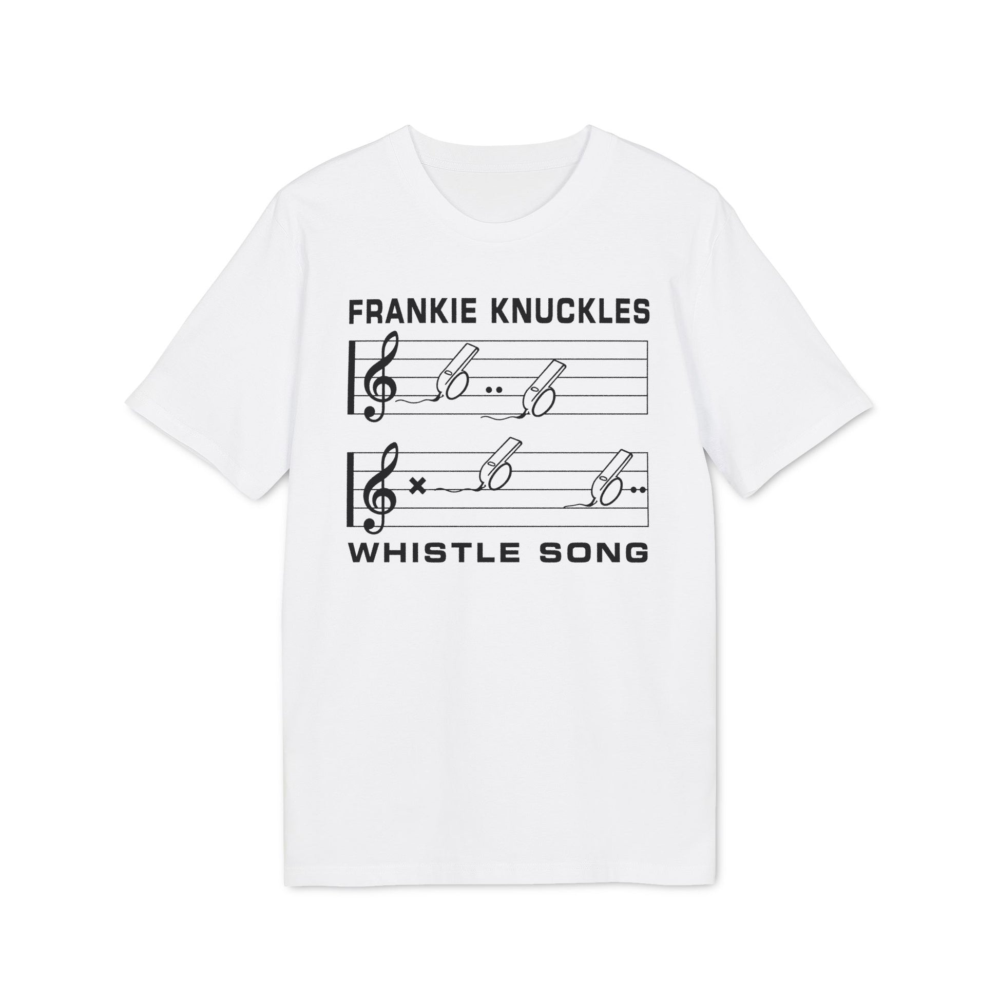 White t-shirt with black text "FRANKIE KNUCKLES" and musical notes with whistles.