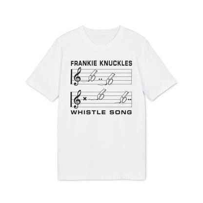 White t-shirt with black text "FRANKIE KNUCKLES" and musical notes with whistles.