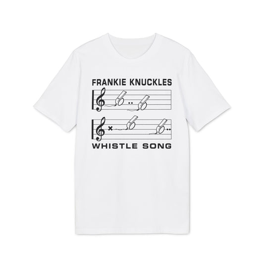 White t-shirt with black text "FRANKIE KNUCKLES" and musical notes with whistles.