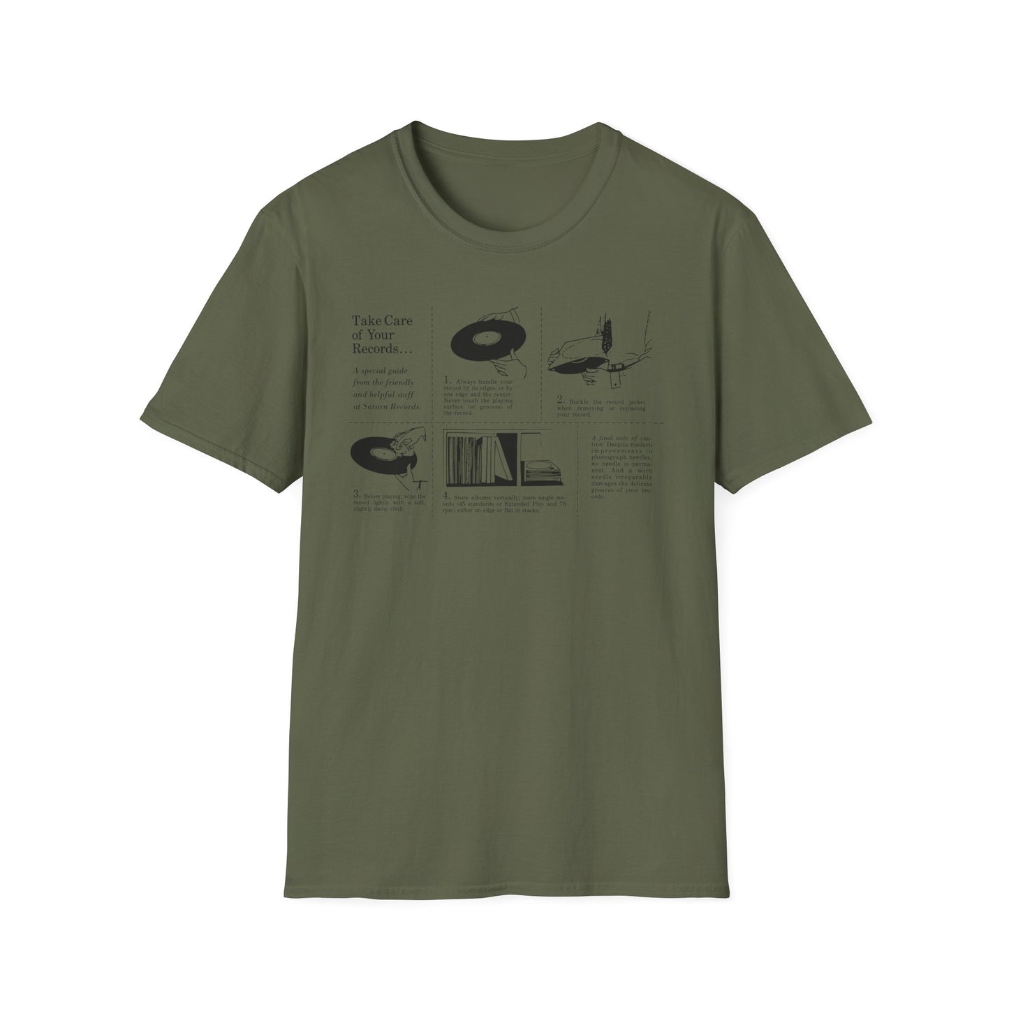 T-shirt with "Take Care of Your Records" guide and record care illustrations.
