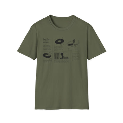T-shirt with "Take Care of Your Records" guide and record care illustrations.