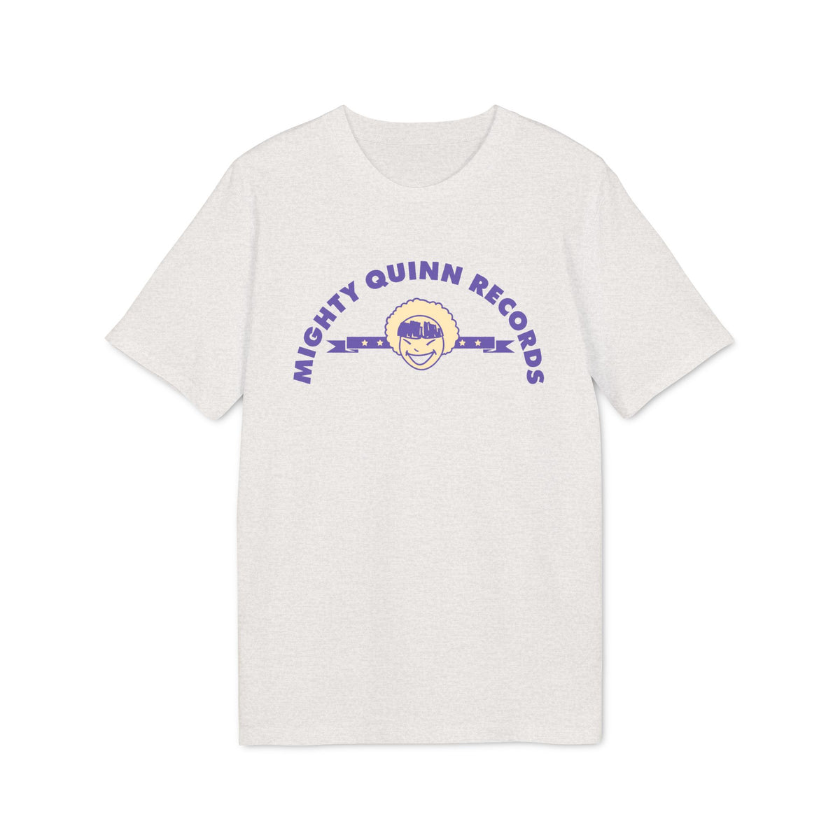 Light gray short-sleeve t-shirt with a purple graphic and text reading "Mighty Quinn Records".