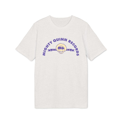 Light gray short-sleeve t-shirt with a purple graphic and text reading "Mighty Quinn Records".