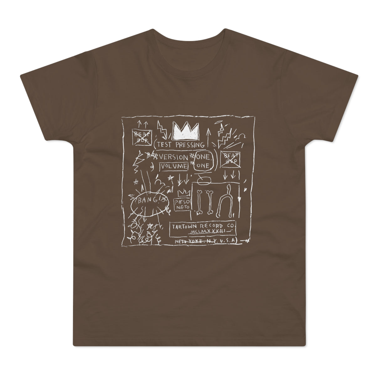 Brown t-shirt with white chalk-like artwork featuring a crown, text, and abstract drawings.