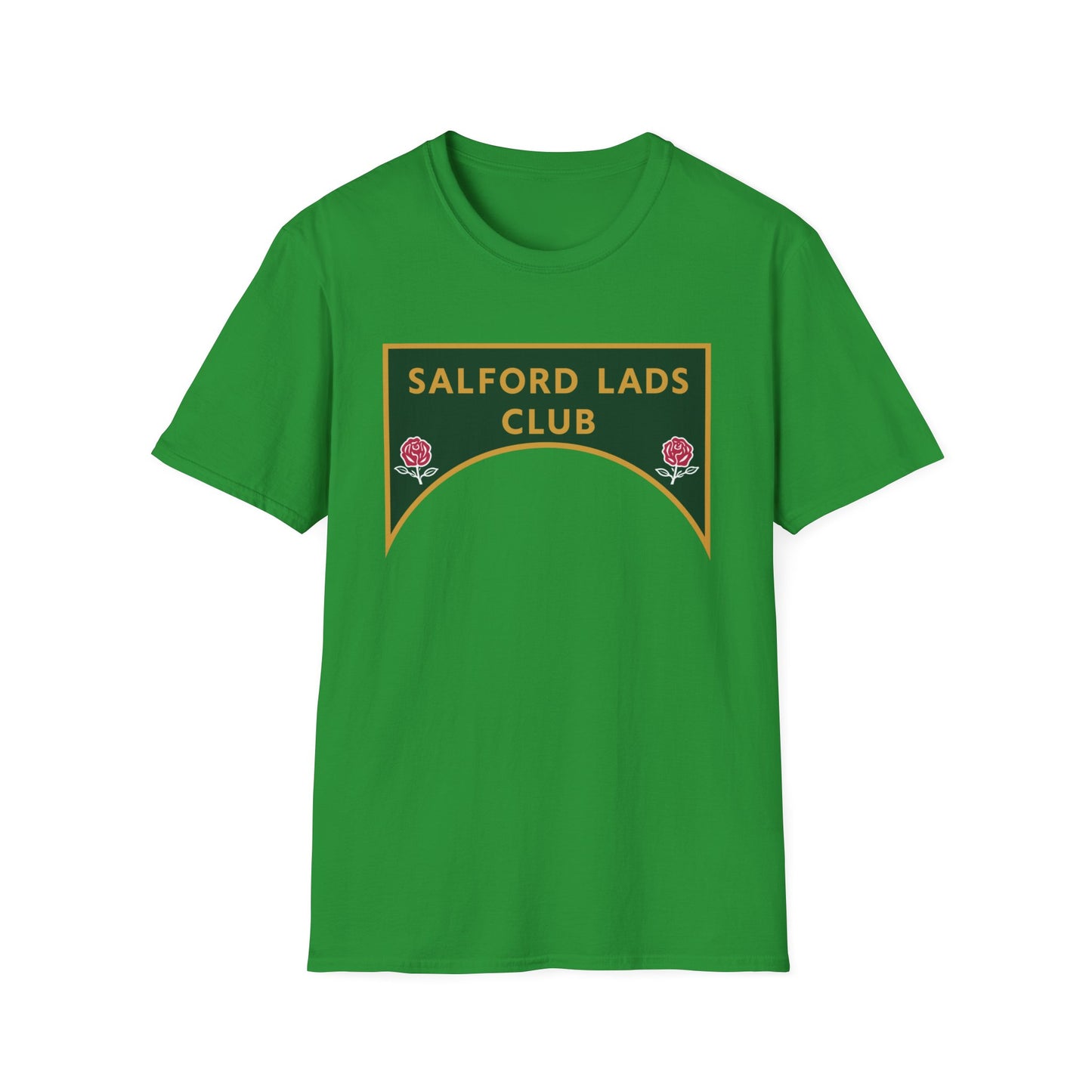Green t-shirt with "Salford Lads Club" emblem featuring roses.