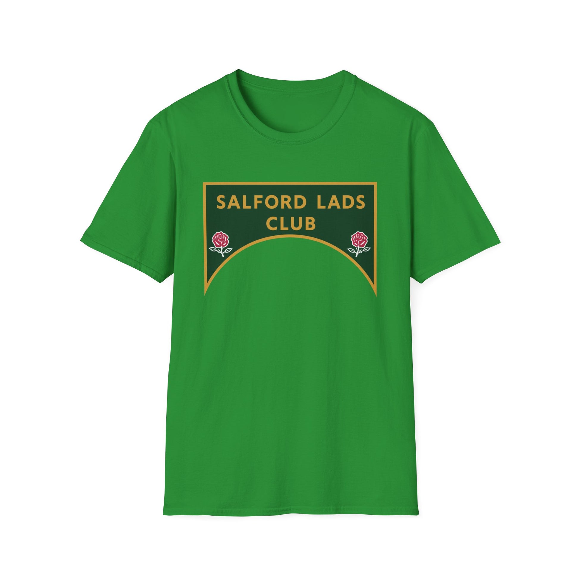 Green t-shirt with "Salford Lads Club" emblem featuring roses.