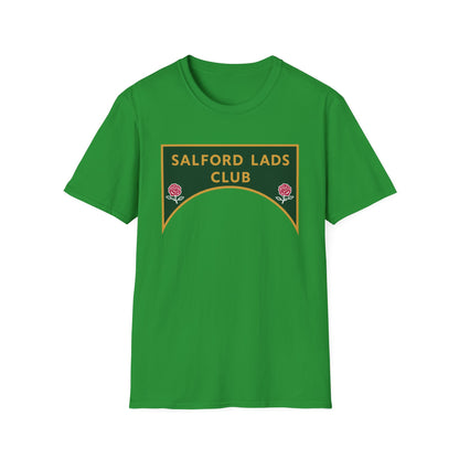 Green t-shirt with "Salford Lads Club" emblem featuring roses.