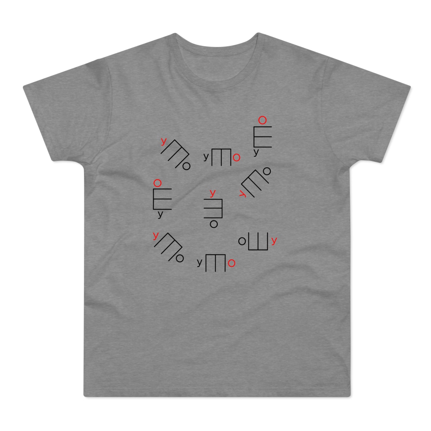 Grey t-shirt with scattered abstract black shapes and red circle or 'o' characters.