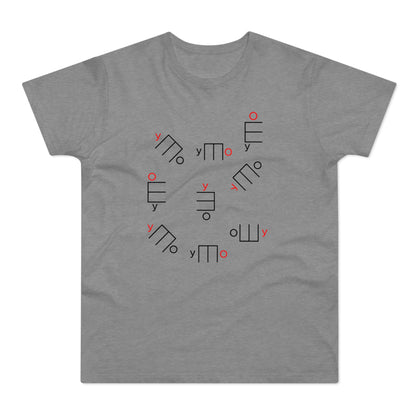 Grey t-shirt with scattered abstract black shapes and red circle or 'o' characters.