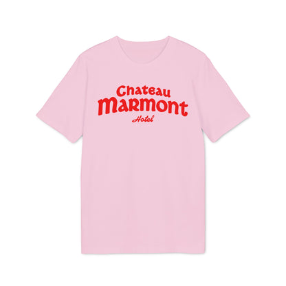 Pink t-shirt with red "Chateau Marmont Hotel" text.