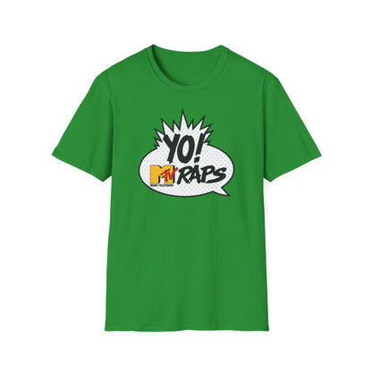 Green t-shirt with "YO! MTV RAPS" logo in a comic book style speech bubble.