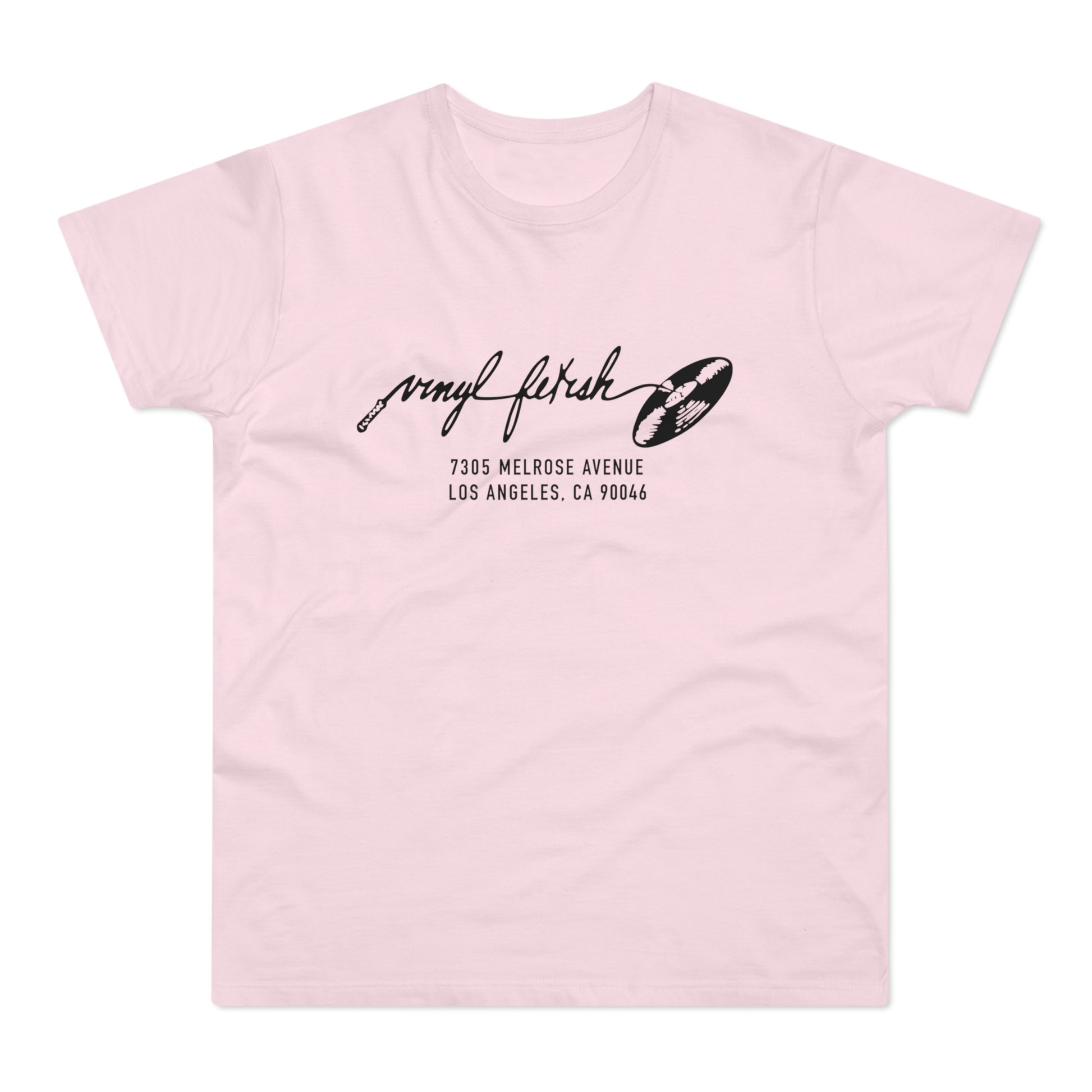 Pink t-shirt with "vinyl fetish" text, vinyl record, and address details.