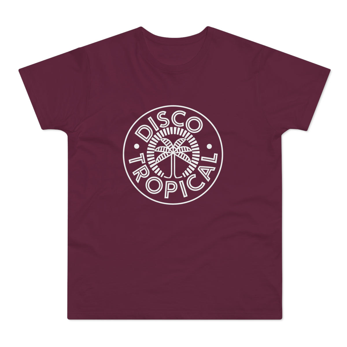 Maroon t-shirt with white "Disco Tropical" logo featuring a palm tree.