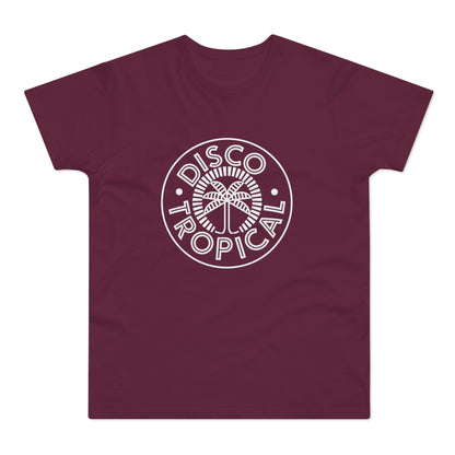 Maroon t-shirt with white "Disco Tropical" logo featuring a palm tree.