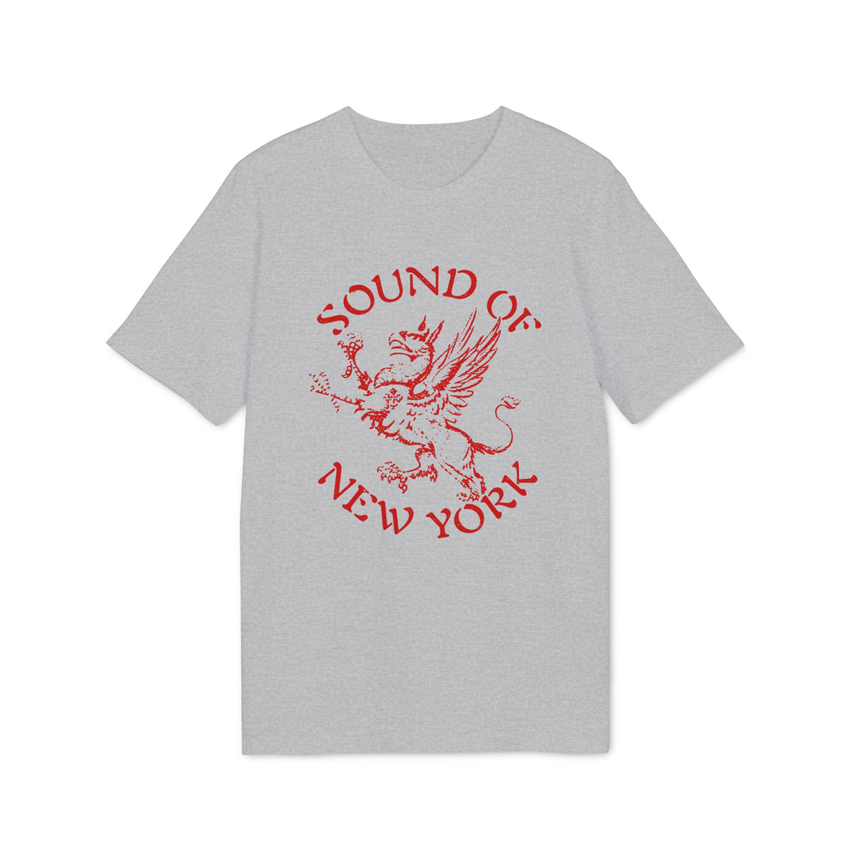 A light gray crewneck t-shirt featuring red text and a griffin graphic that reads Sound of New York.