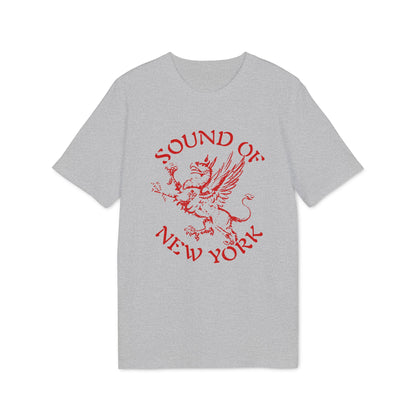 A light gray crewneck t-shirt featuring red text and a griffin graphic that reads Sound of New York.