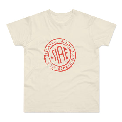 A light-colored t-shirt with a round red SIAE logo printed centrally on the chest.