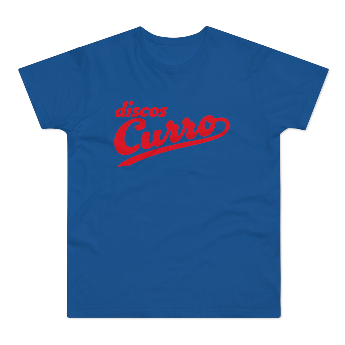 Blue t-shirt with red "Discos Curro" cursive logo.