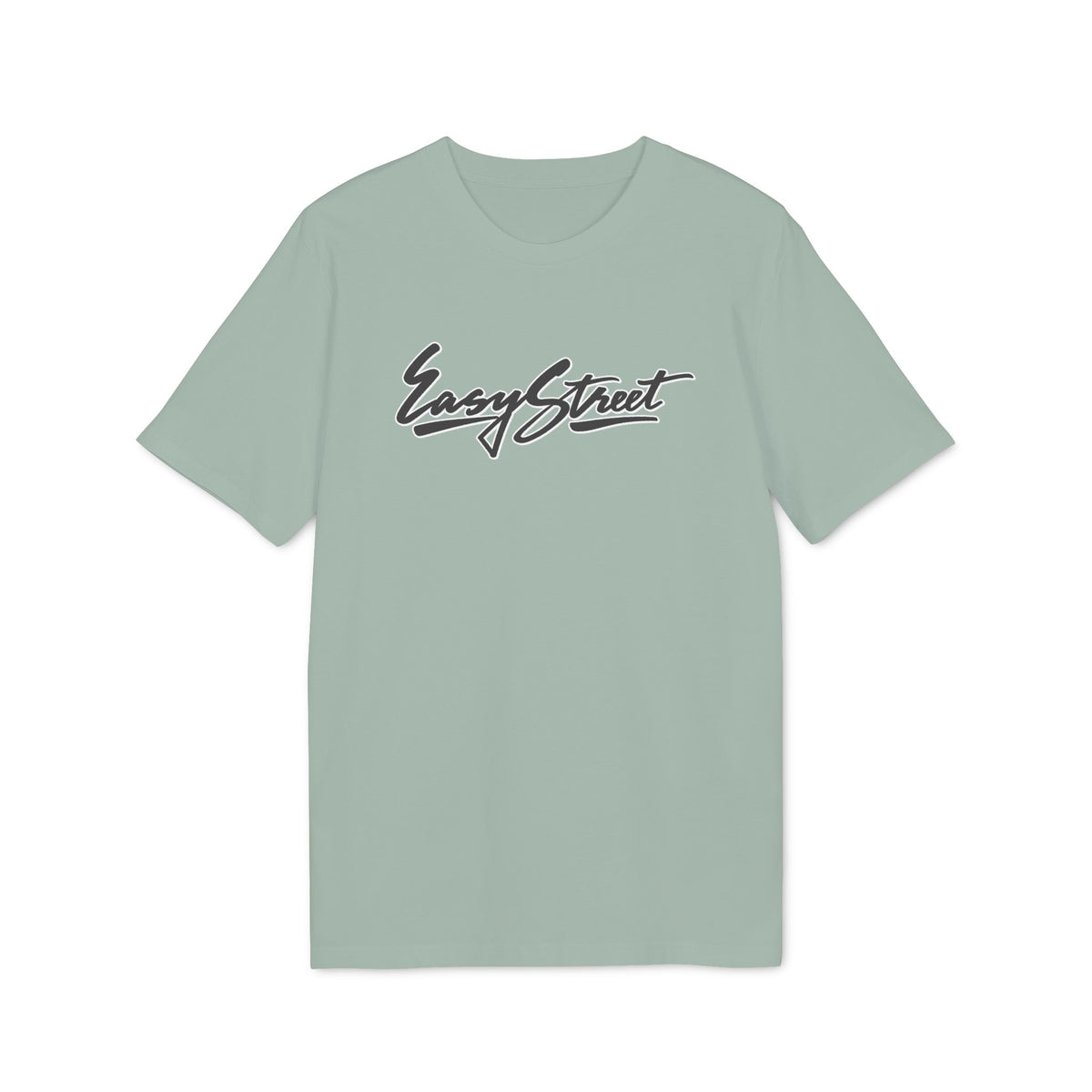Sage green crewneck t-shirt featuring the script text Easy Street centered on the chest.