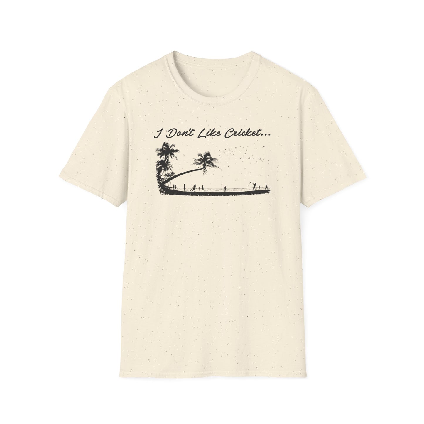 T-shirt with black graphic: "I Don't Like Cricket..." and palm trees with people on a pier.