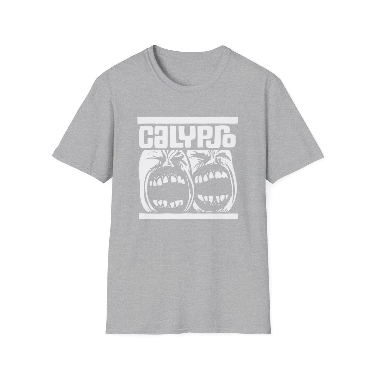 Grey t-shirt with white "CALYPSO" text above two screaming faces.