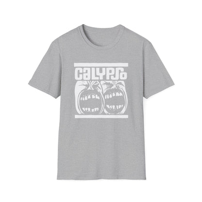 Grey t-shirt with white "CALYPSO" text above two screaming faces.