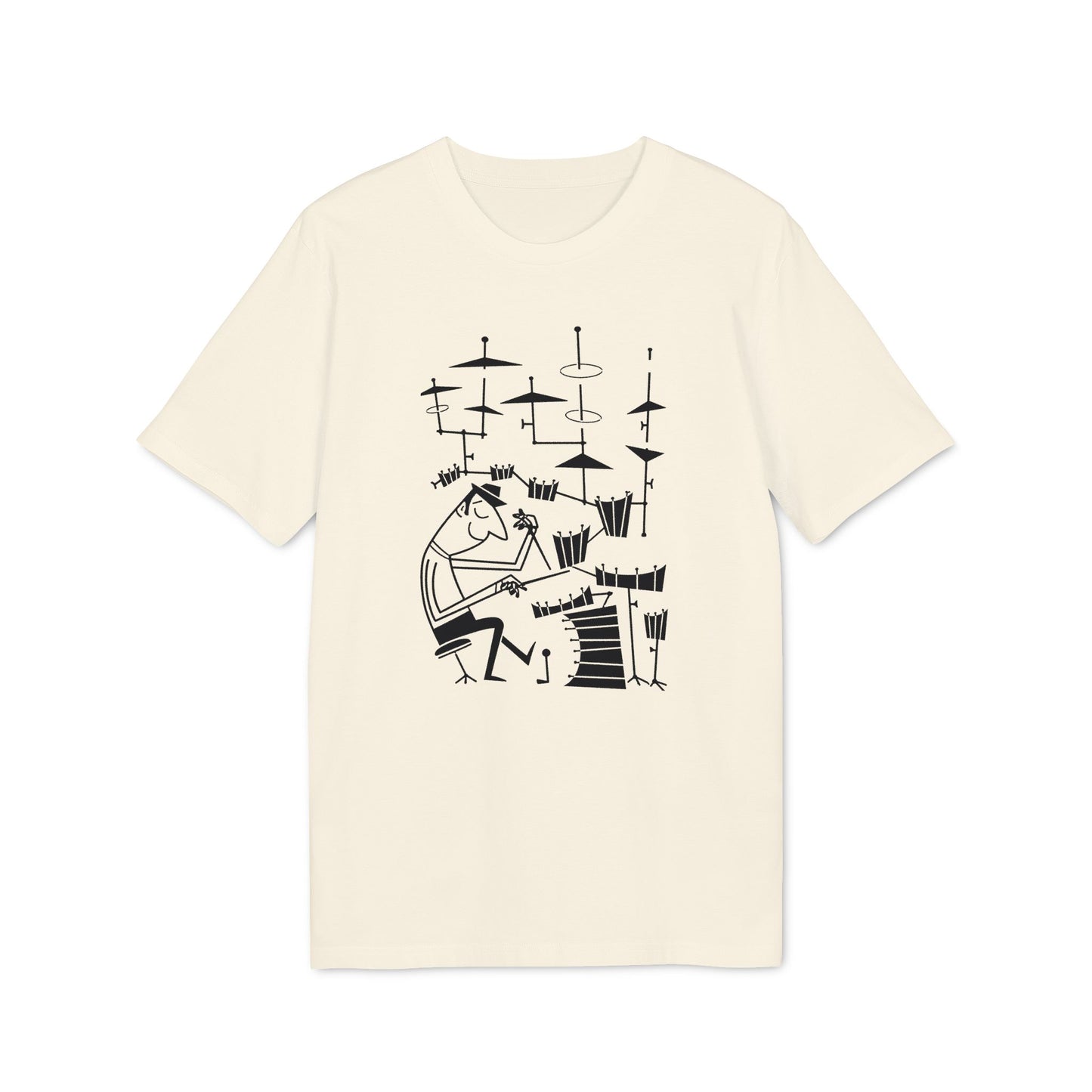 Cream t-shirt with black line art of a drummer playing a drum set.