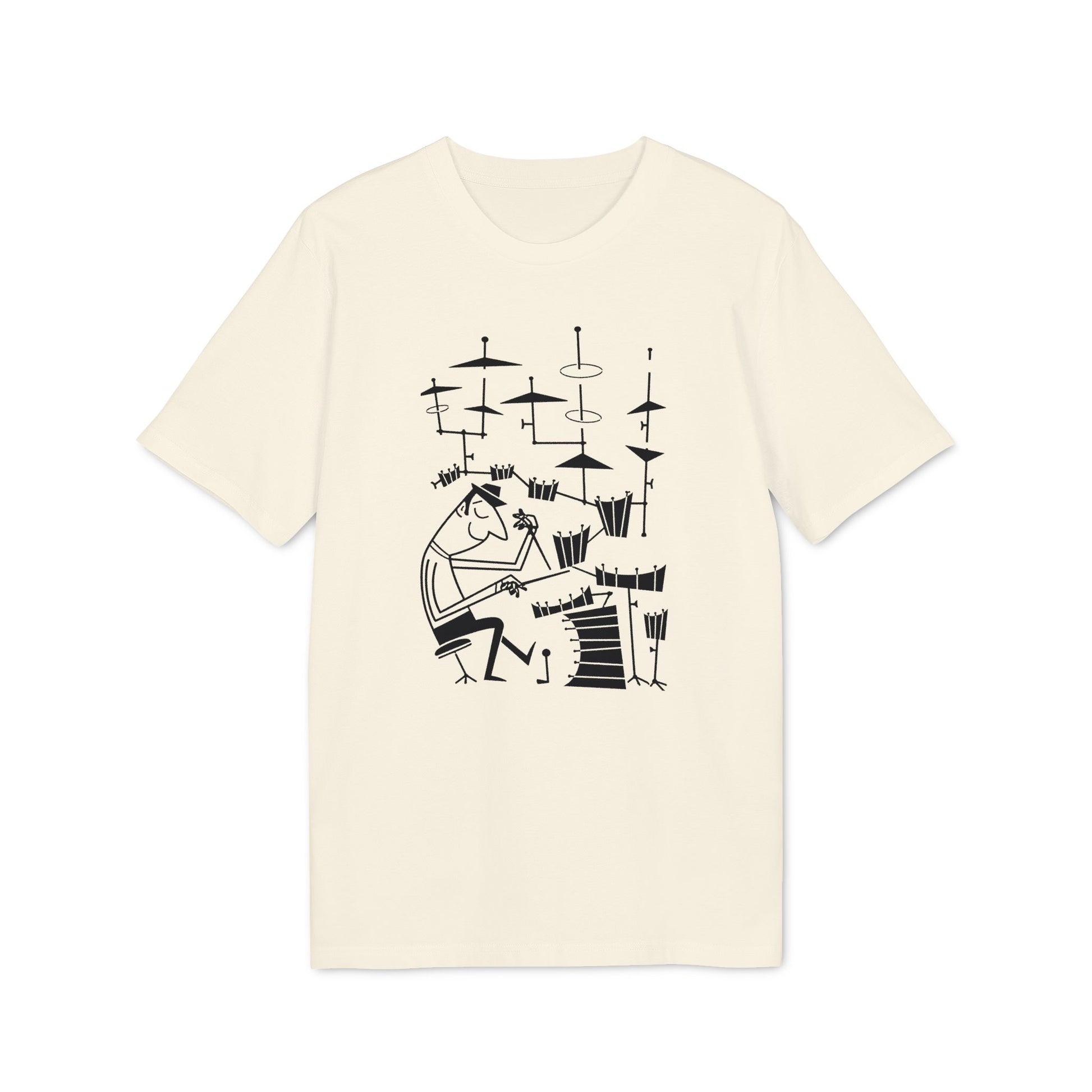Cream t-shirt with black line art of a drummer playing a drum set.