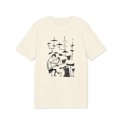 Cream t-shirt with black line art of a drummer playing a drum set.