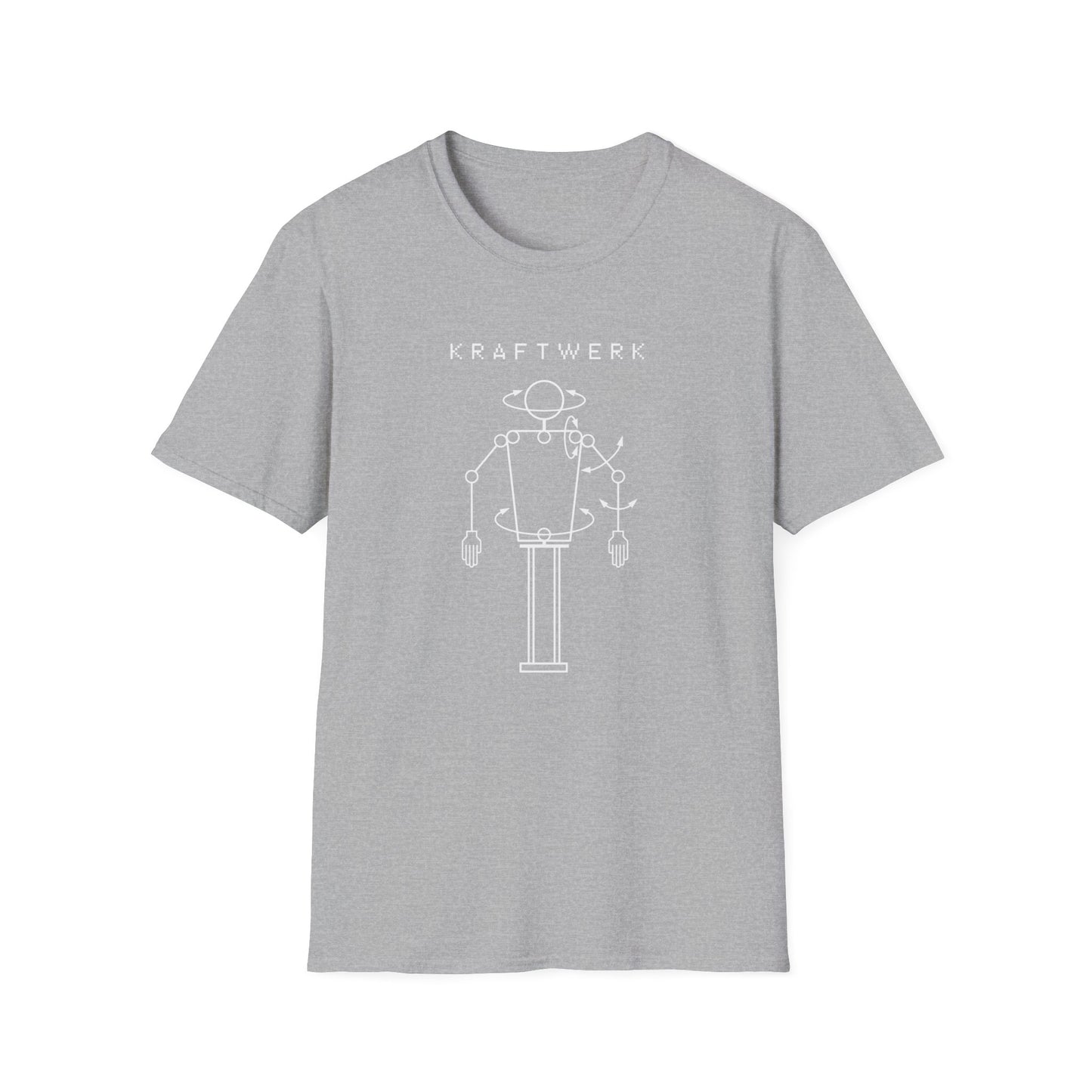 Grey t-shirt with white line drawing of a robot and text.