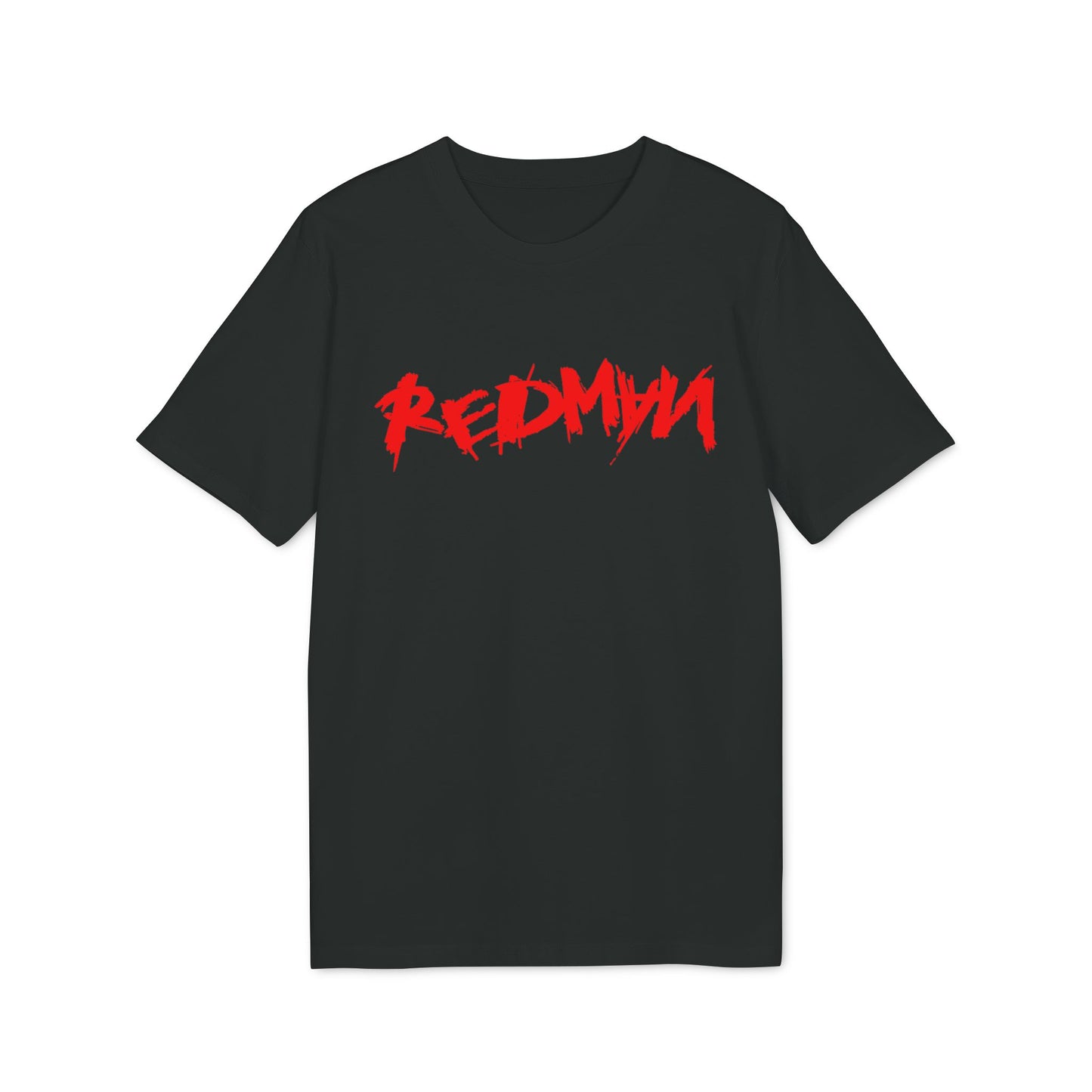 Black t-shirt with red "RED MAN" logo across the chest.