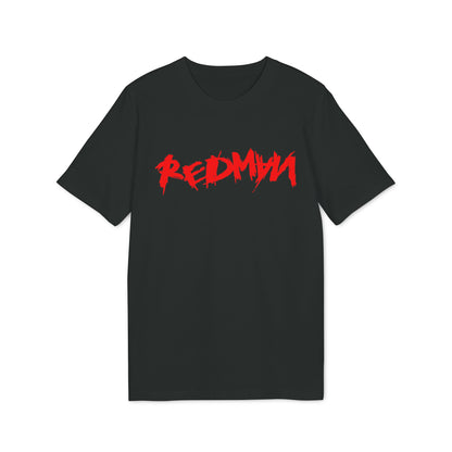 Black t-shirt with red "RED MAN" logo across the chest.